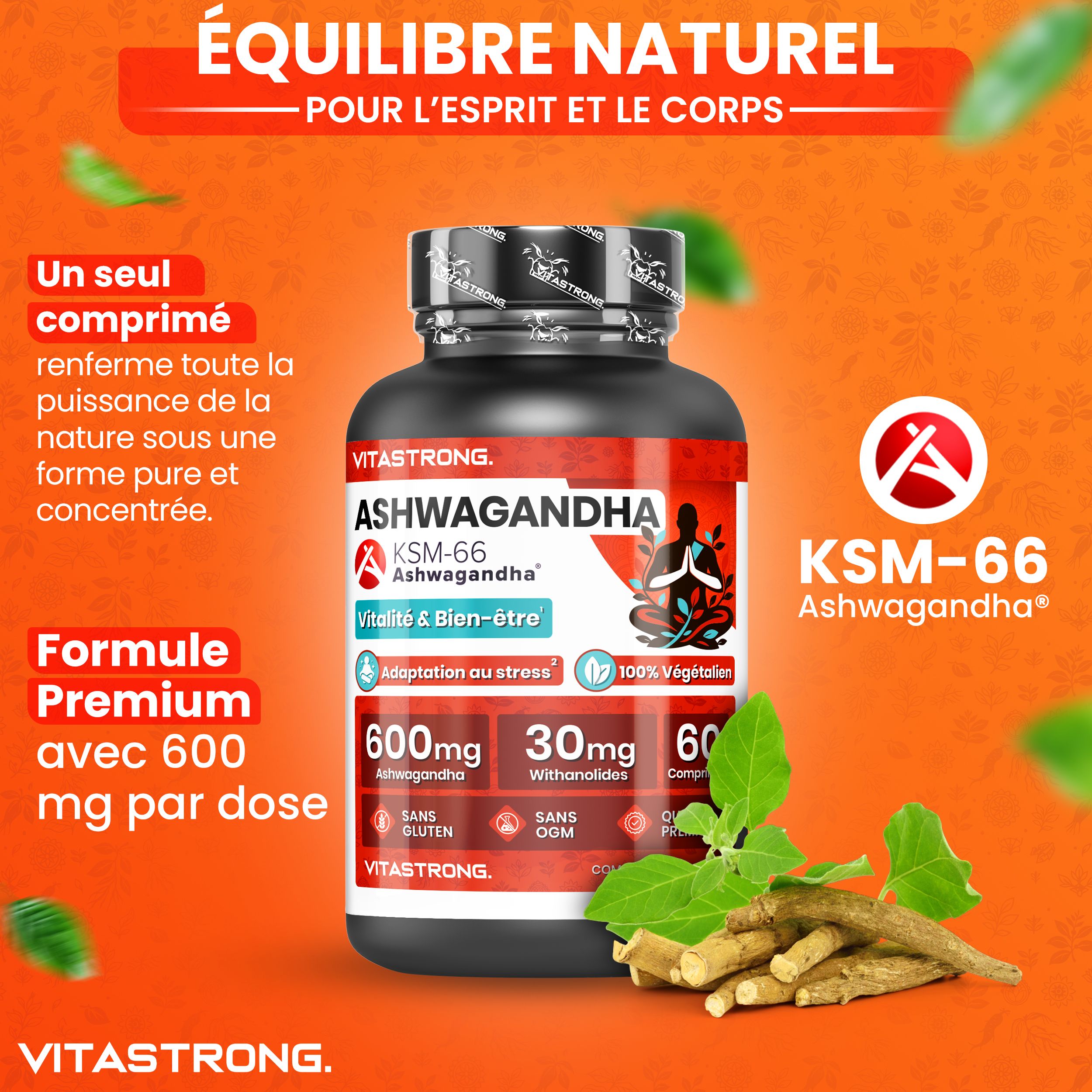 Ashwagandha KSM-66® fles. 60 tabletten. 600mg Ashwagandha. 100% vegan. Zonder gluten en GGO's. Rood etiket.