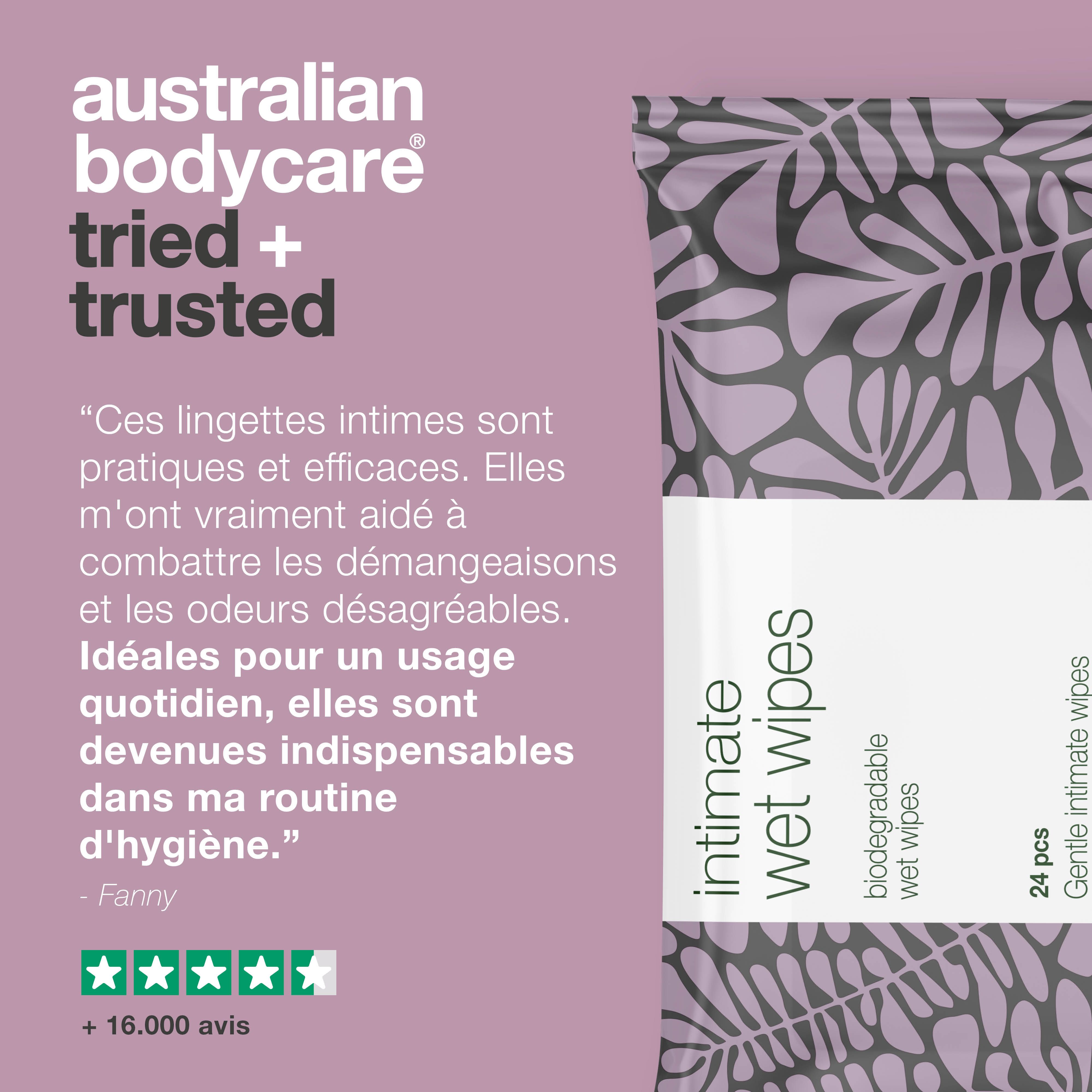 Collage : femmes avec produits. Logo Australian Bodycare. Texte : Skincare since 1990. Plus de 100 000 clients satisfaits.