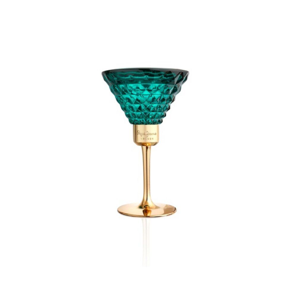 Pepe Jeans Celebrate Eau de Parfum flesje in cocktailglasvorm met gouden steel en voet, met reflectie.