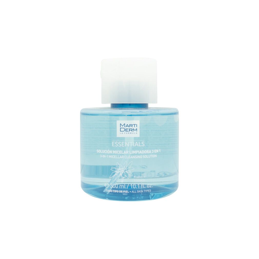 Marti Derm Essentials Micellair Reinigingswater, 300 ml. Heldere vloeistof in een transparante fles met witte klapdop.