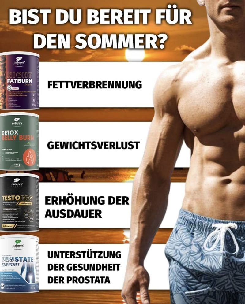 Gespierde man naast vier Nature's Finest producten: Night Fatburn, Detox Belly Burn, Testo Pro, Prostate Support.