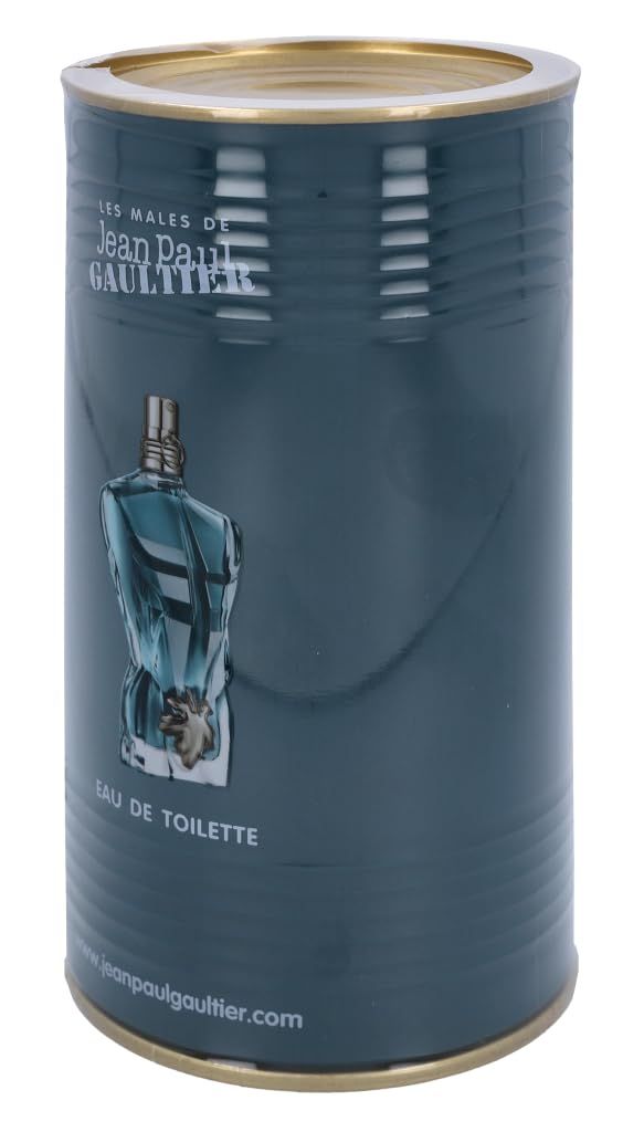 Cilindrische doos, blauwgroen, met gouden deksel. Opschrift: Les Mâles de Jean Paul Gaultier, Eau de Toilette. Afbeelding fles.