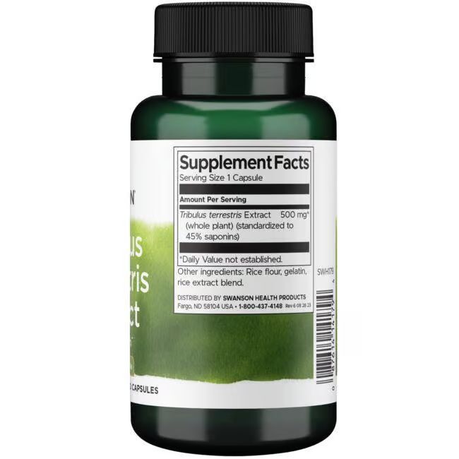 Arrière d'une bouteille de gélules vertes avec informations nutritionnelles et ingrédients pour Tribulus Terrestris Extract.