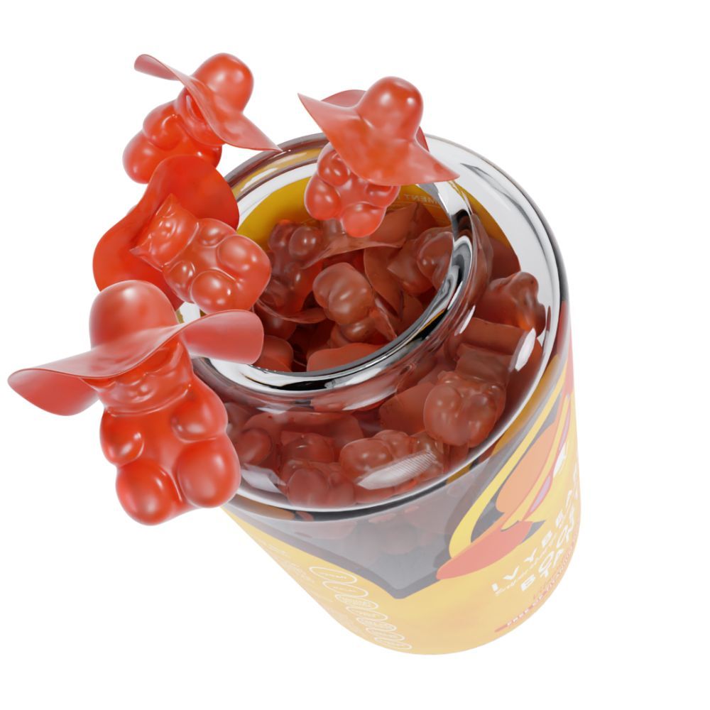 Bovenaanzicht van een transparante fles met rode gummies. Enkele gummies liggen buiten de fles.