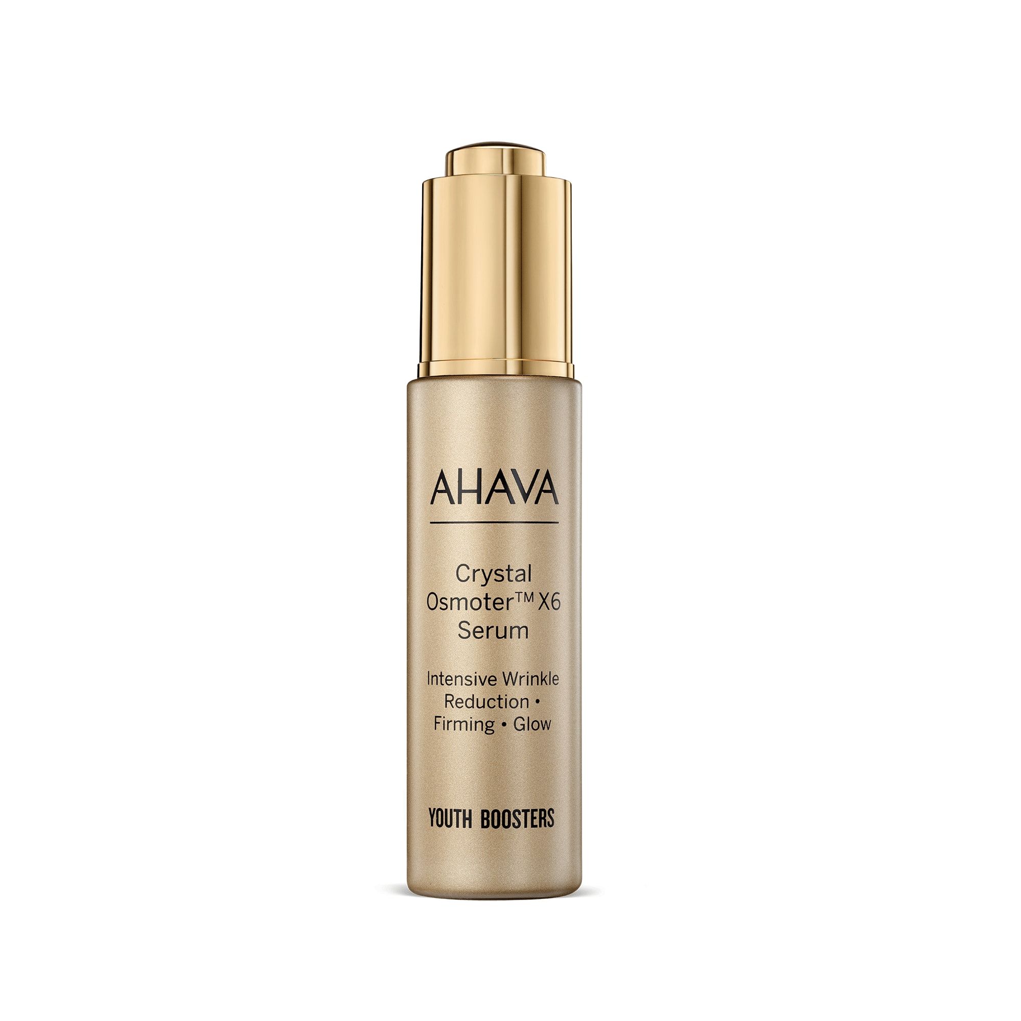 Sérum AHAVA Youth Booster dans un flacon doré avec bouchon pipette. Texte : Crystal Osmoter X6, Intensive Wrinkle Reduction, Firming, Glow.