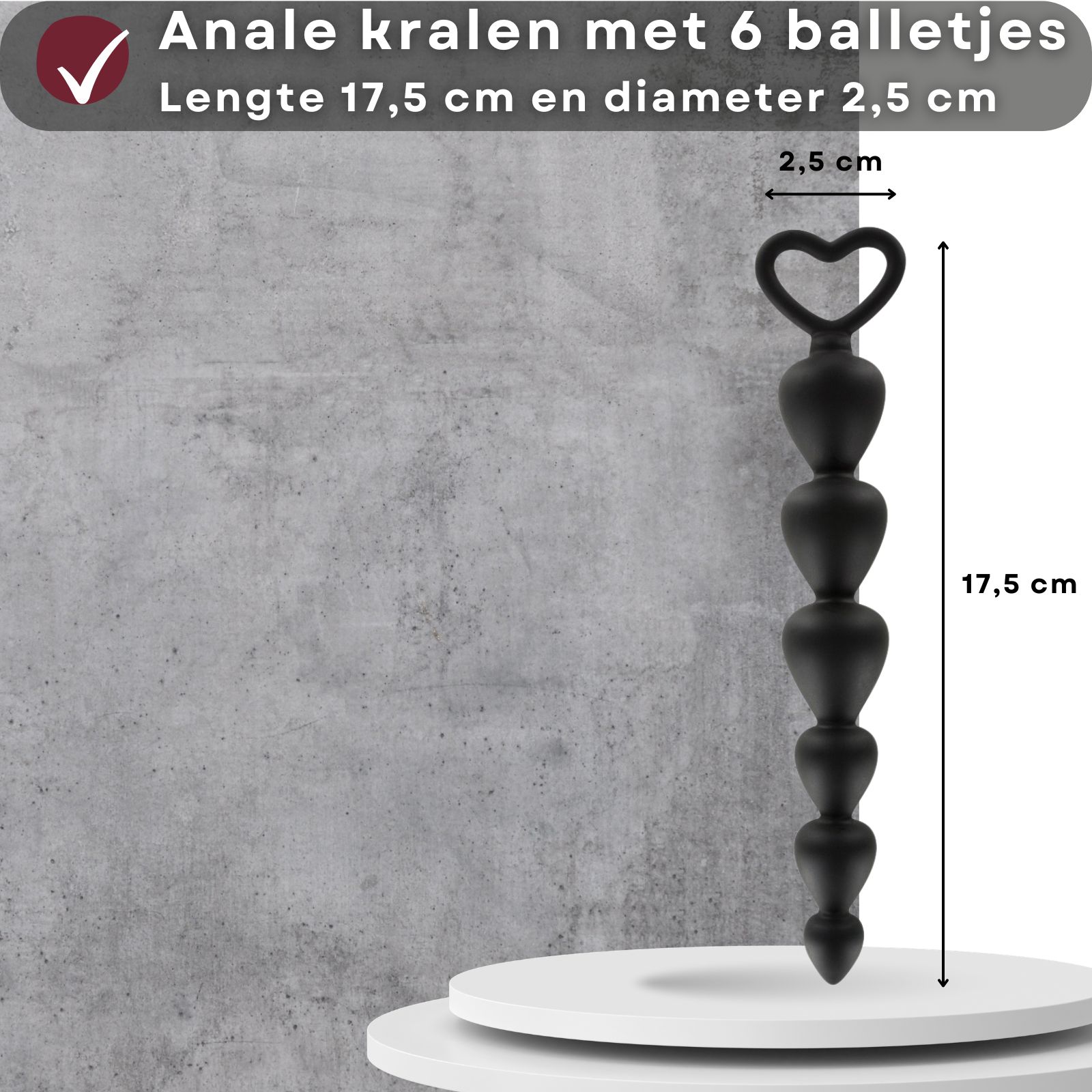 Anale kralen met 6 balletjes. Lengte 17,5 cm en diameter 2,5 cm.
