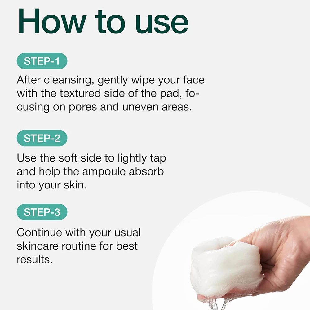 Tekst: Hoe te gebruiken. Drie stappen: reinigen, gezicht afvegen, zachte kant gebruiken, huidverzorging.