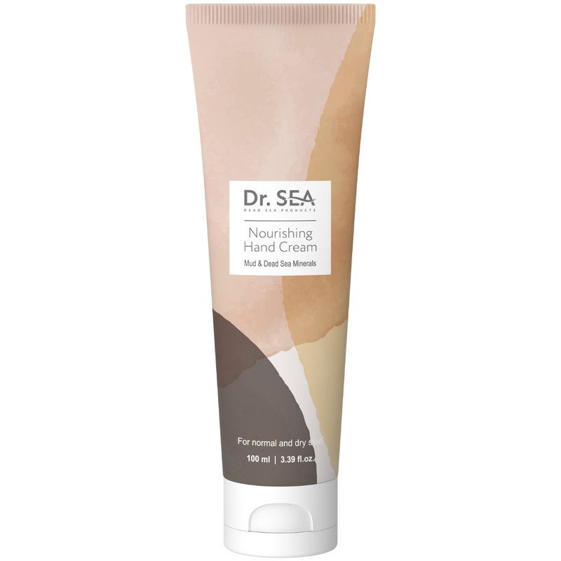 Crèmetube. Opschrift: Dr. SEA, Nourishing Hand Cream. Voor normale en droge huid. Witte dop.