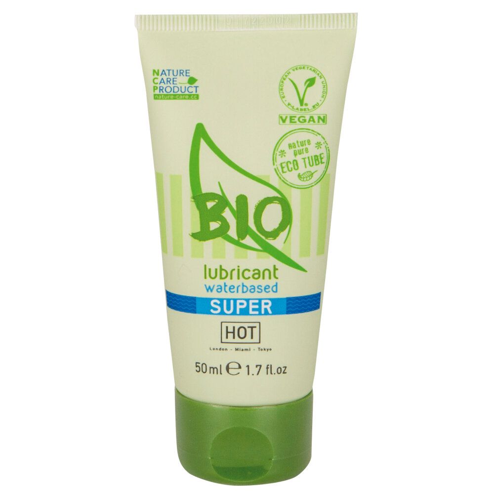 Groene tube met BIO-logo, opschrift 'lubricant waterbased SUPER HOT'. Vegan en NCP labels. 50ml.