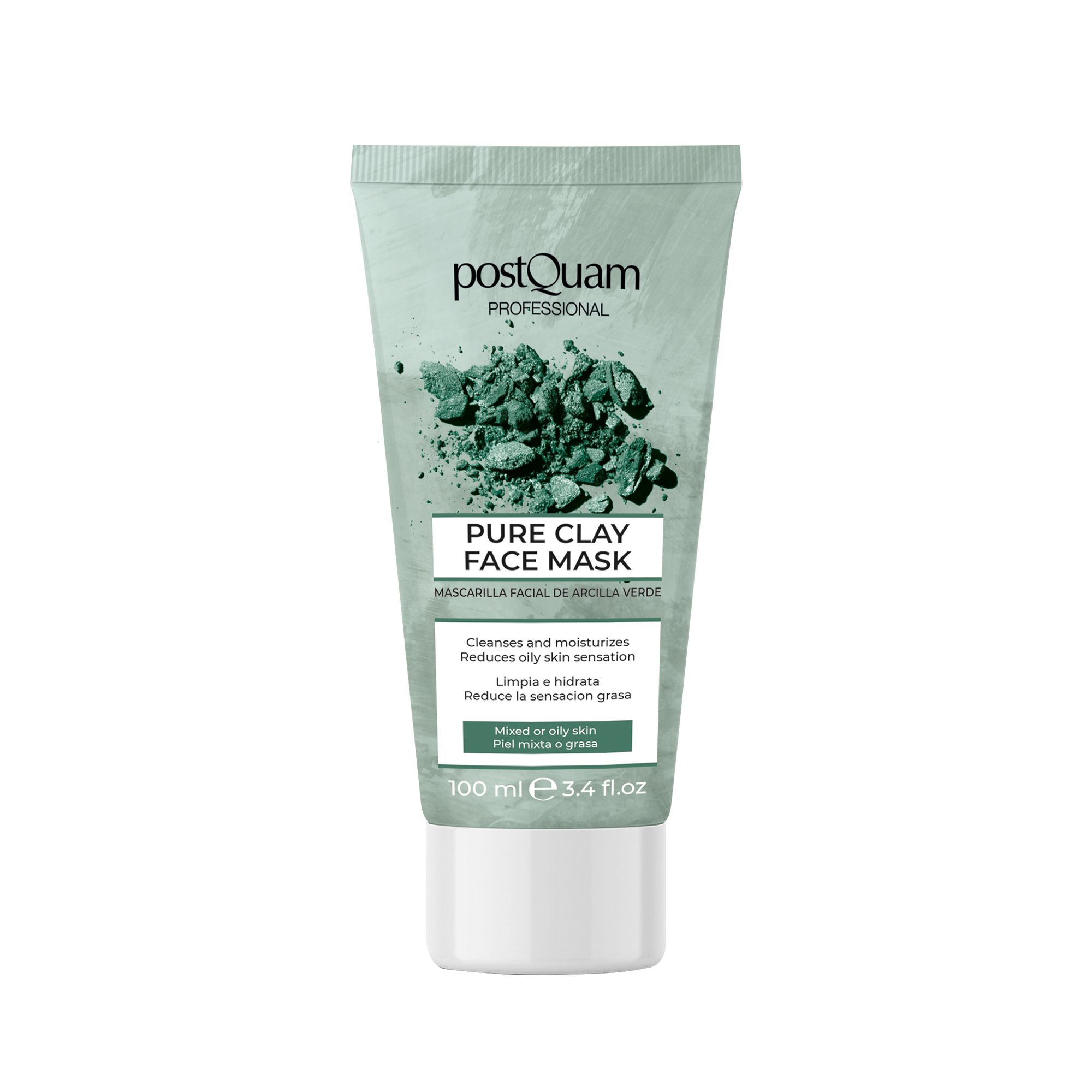 Groene kleimasker in tube. Tekst: Pure Clay Face Mask, reinigt en hydrateert, vermindert vette huid. 100 ml.