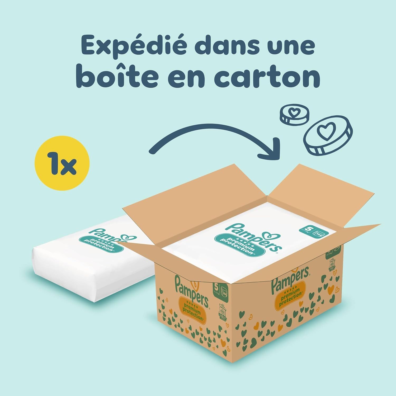 Couches Pampers dans une boîte en carton ouverte, à côté d'un paquet de couches emballé.