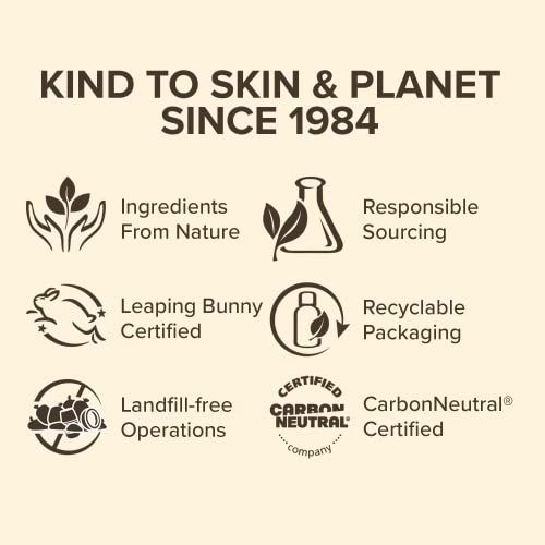 Beige achtergrond met logo's en tekst. Logo's voor ingrediënten uit de natuur, verantwoorde inkoop, Leaping Bunny, recyclebare verpakking.