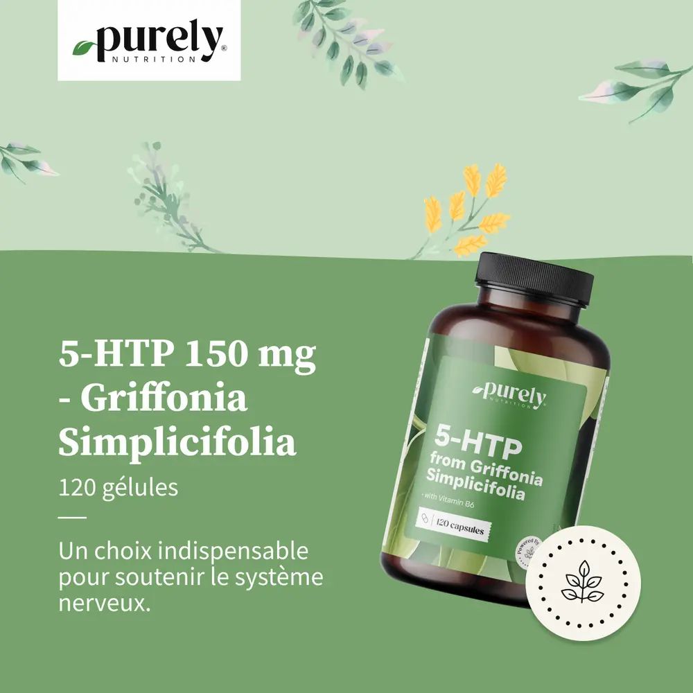 Flacon avec étiquette verte. Inscription : 5-HTP from Griffonia Simplicifolia, 120 gélules. Texte : 5-HTP 150 mg.