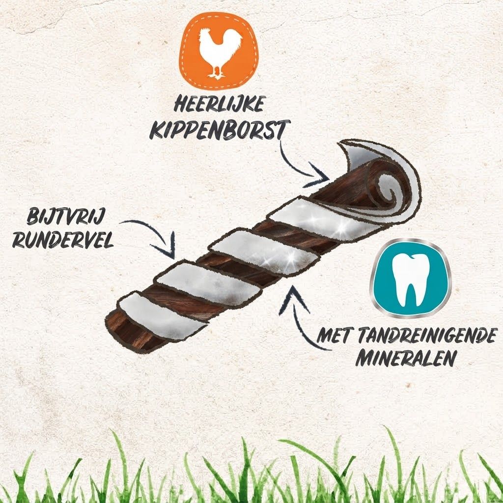 Gevlochten hondensnack met kipfilet en runderhuid, verrijkt met tandreinigende mineralen.