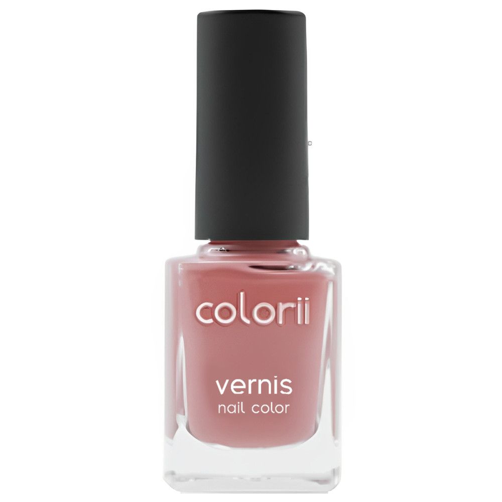 Flacon de vernis à ongles rose avec bouchon noir. Inscription : colorii, vernis, nail color.
