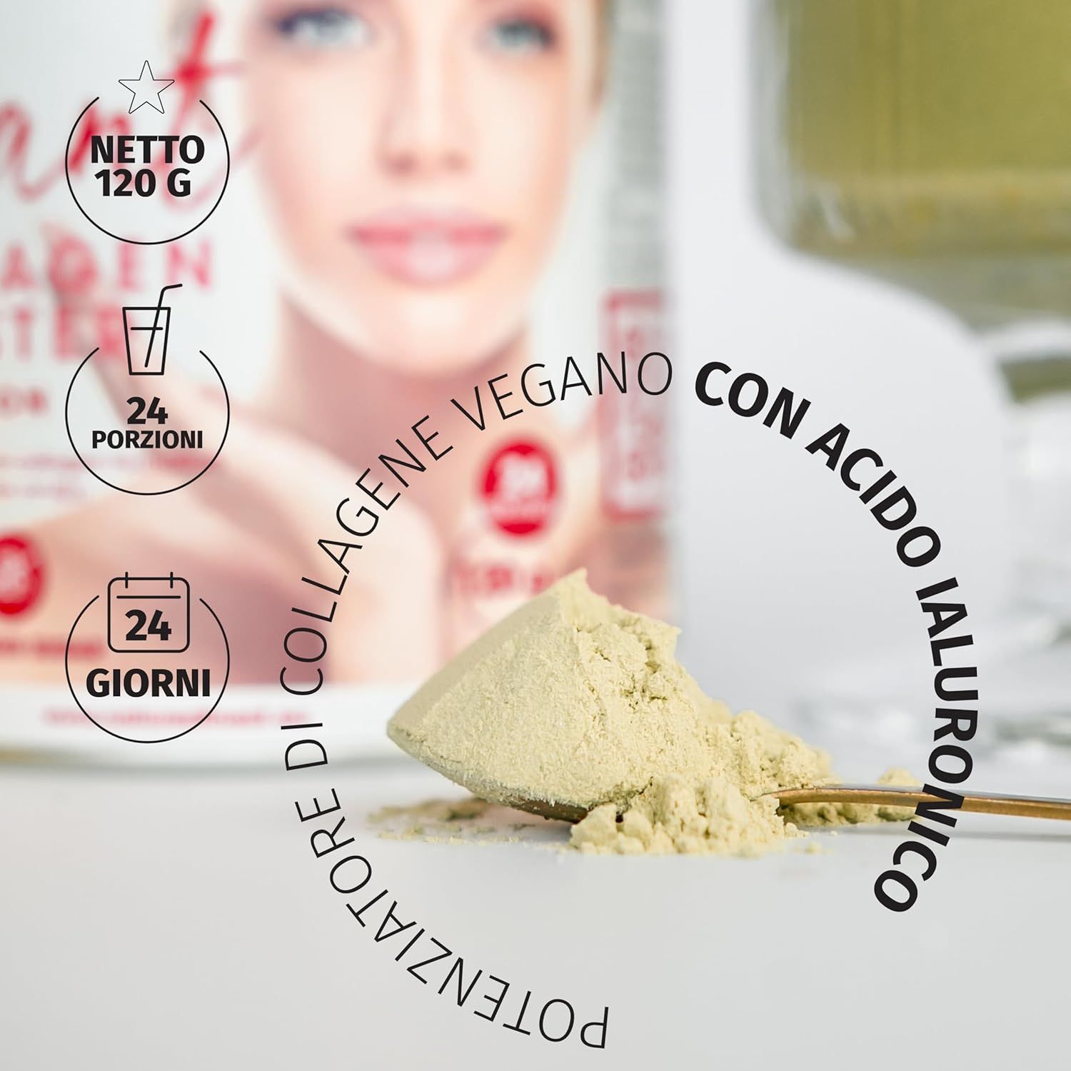 Lepel met geel poeder. Vegan collageenbooster met hyaluron. 24 porties, 24 dagen. Productafbeelding op de achtergrond.