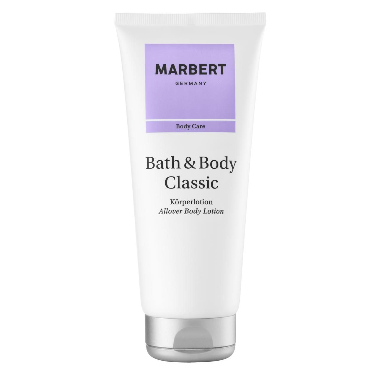 Witte tube met paarse rechthoek en tekst MARBERT. Daaronder: Bath & Body Classic Körperlotion.