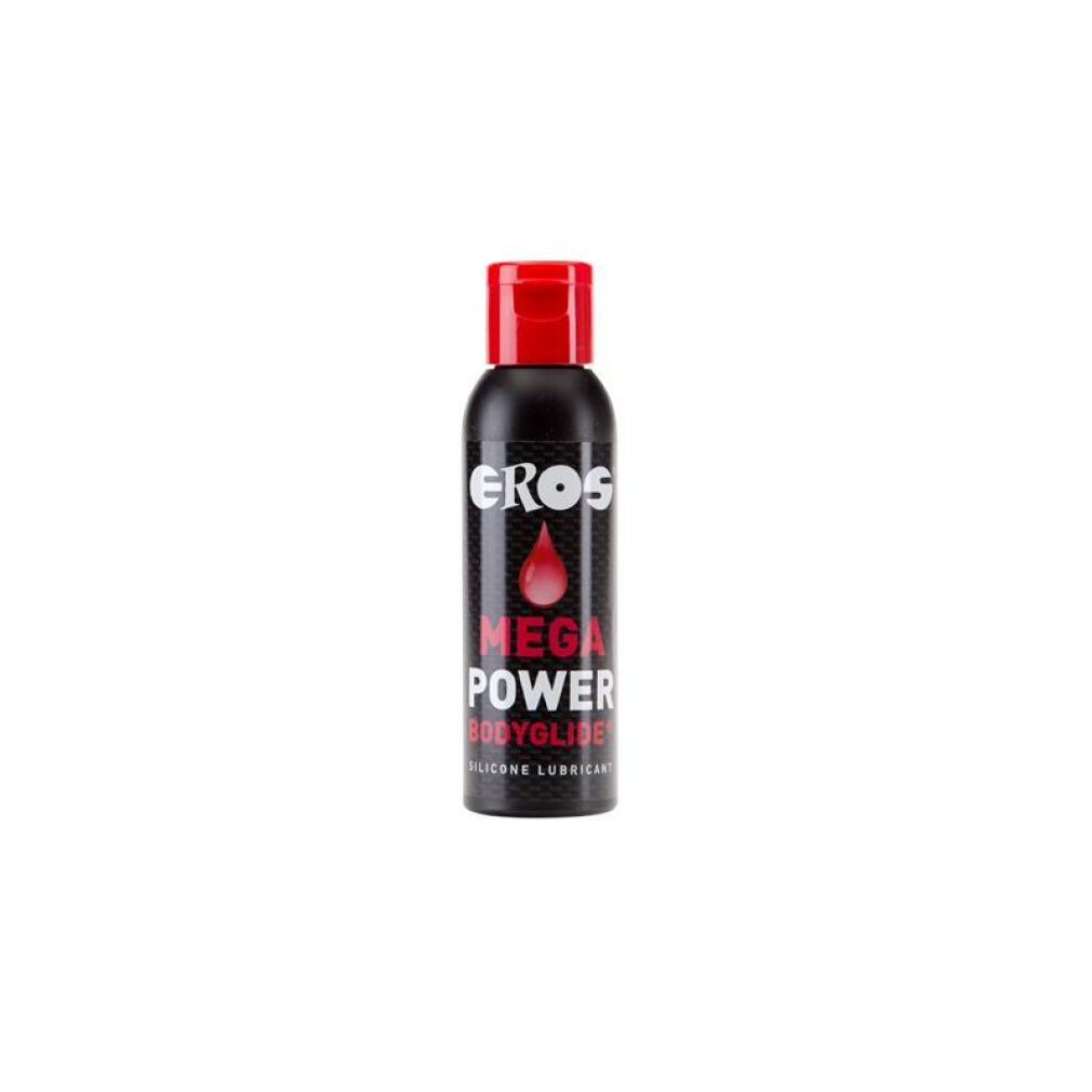 Zwarte fles met rode fliptopdop. Etiket met "EROS MEGA POWER BODYGLIDE SILICONE LUBRICANT".