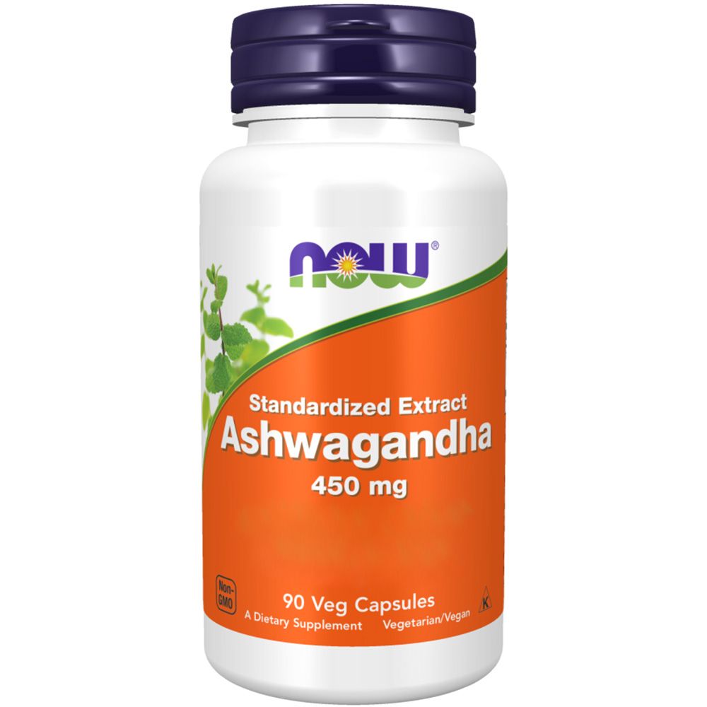 Witte fles met paarse dop. Etiket met 'NOW' logo, 'Ashwagandha 450 mg'. 90 Veg capsules. Vegetarisch/Vegan.