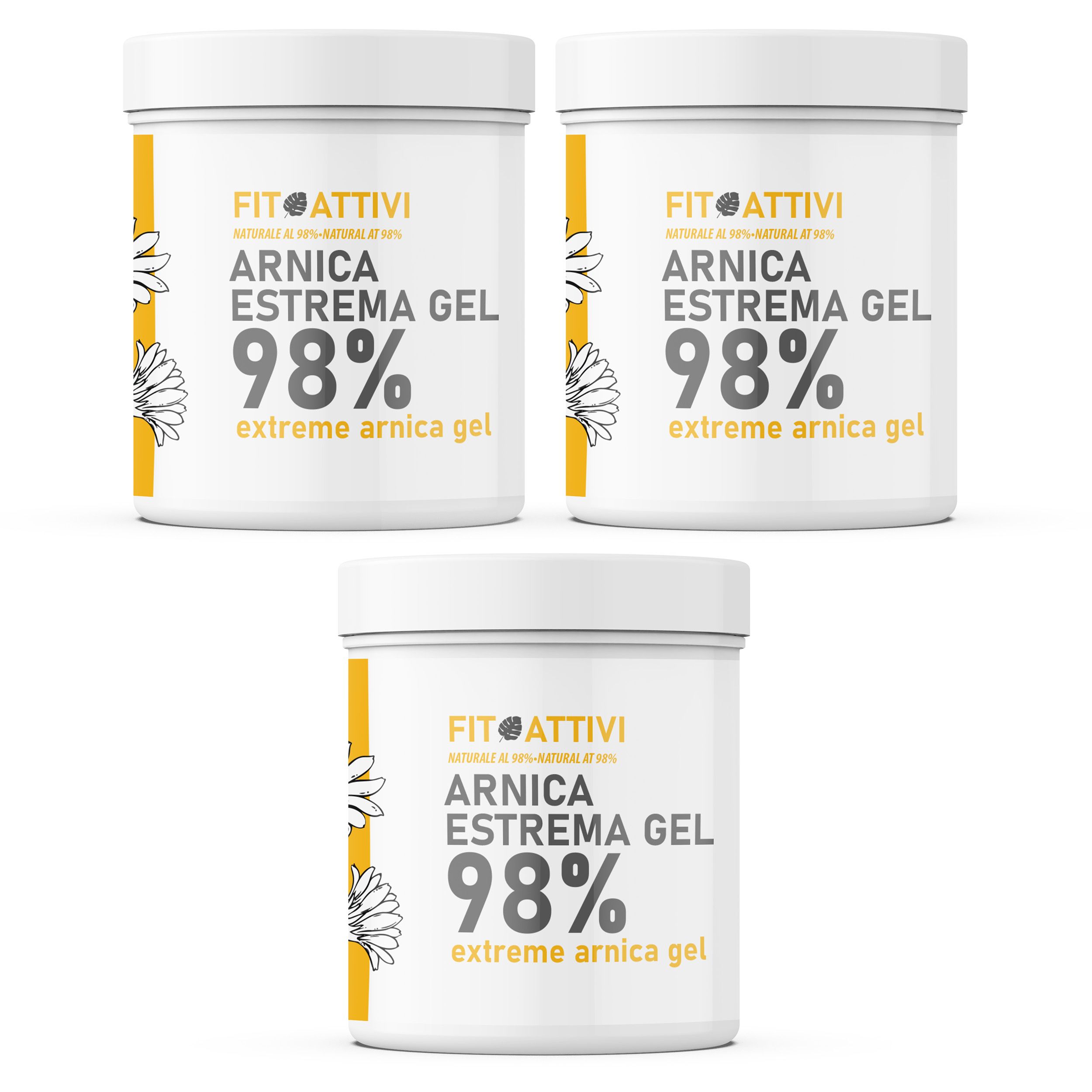 Drie witte potten met etiket. Opschrift: Fitoattivi Arnica Estrema Gel 98%. Geel-witte decoratie.