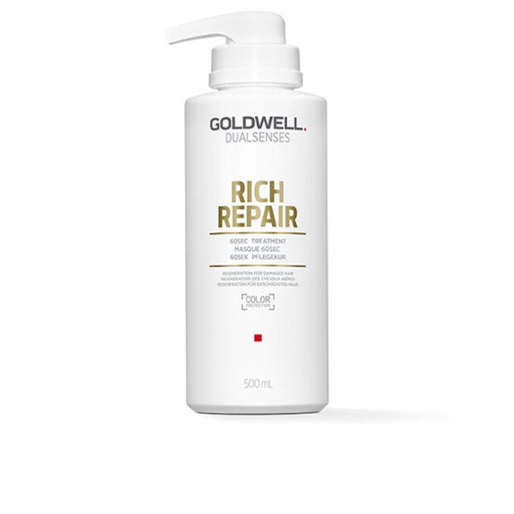 Goldwell Dualsenses Rich Repair 60 Sekunden Treatment. Witte fles met pomp. Productnaam en logo. 500ml.