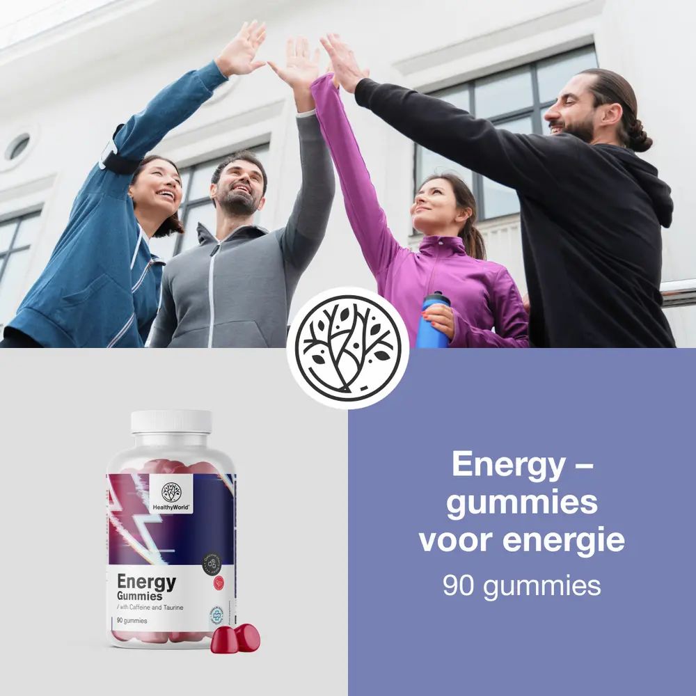 Fles met 90 energie-gummies, rood, met cafeïne en taurine.