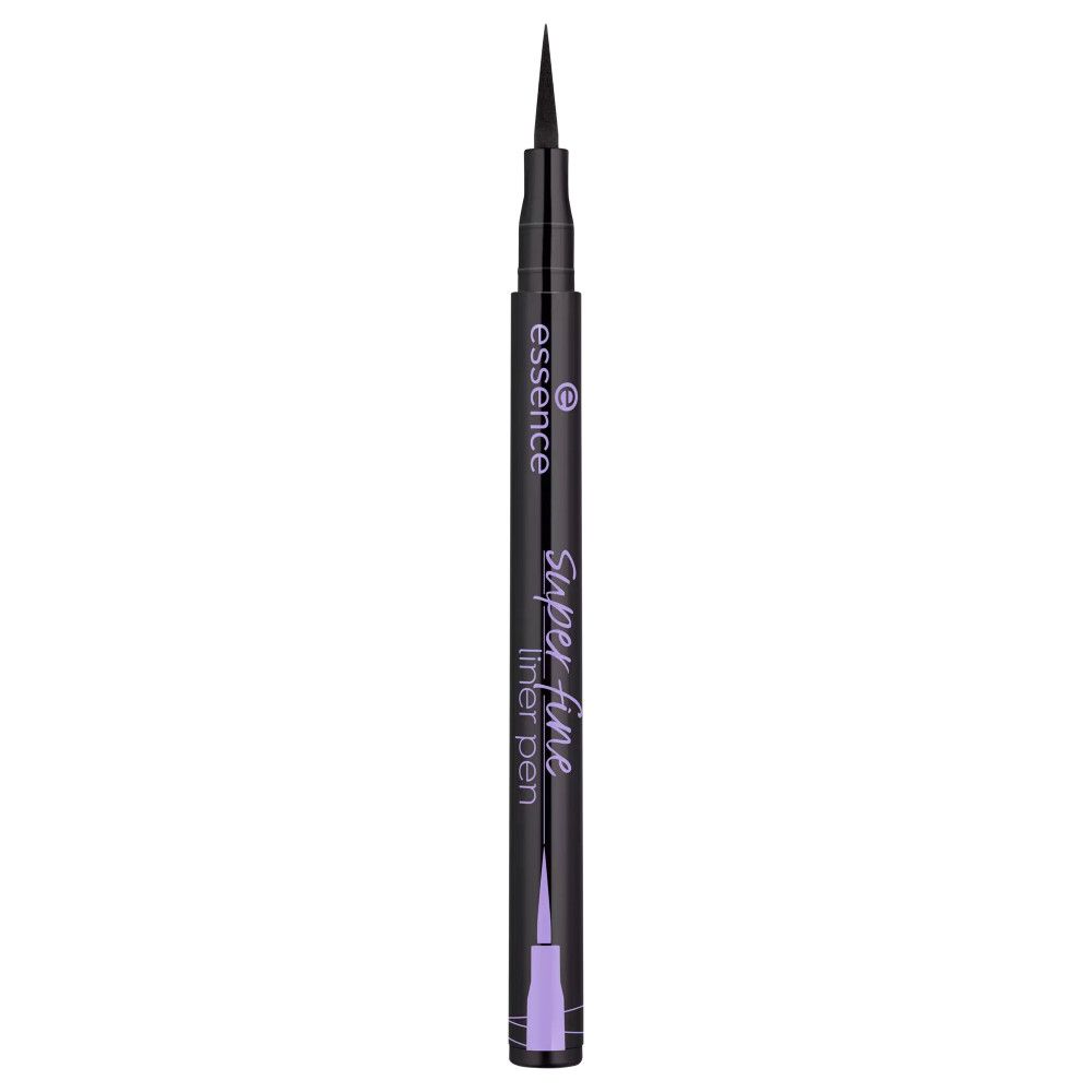 Eyeliner feutre noir. Inscription: Essence, Super fine liner pen. Accents violets.