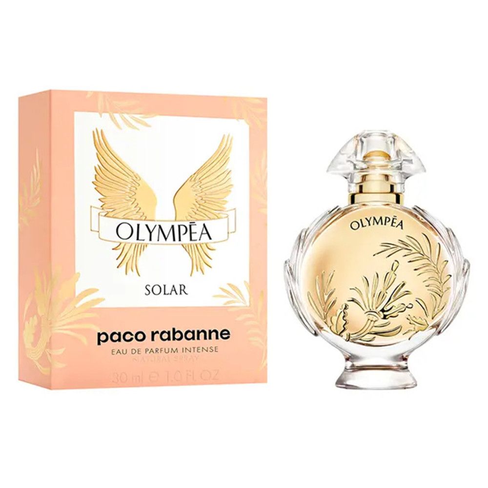 Paco Rabanne Olympéa Solar E.d.P. Nat. Spray. Fles en verpakking. Gouden vleugels op de verpakking.