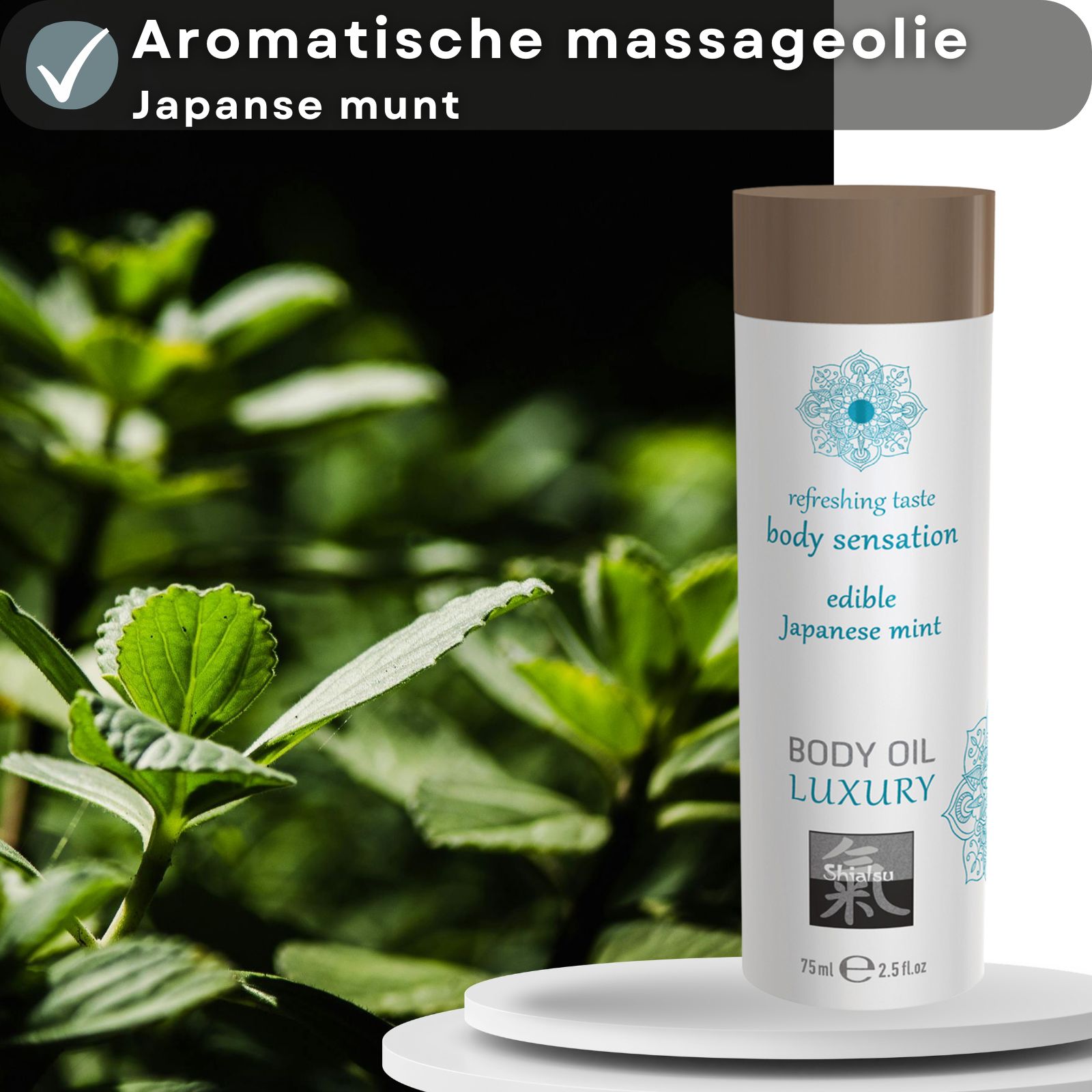Fles Shiatsu Body Oil Luxury met Japanse munt. 75ml, op waterbasis.
