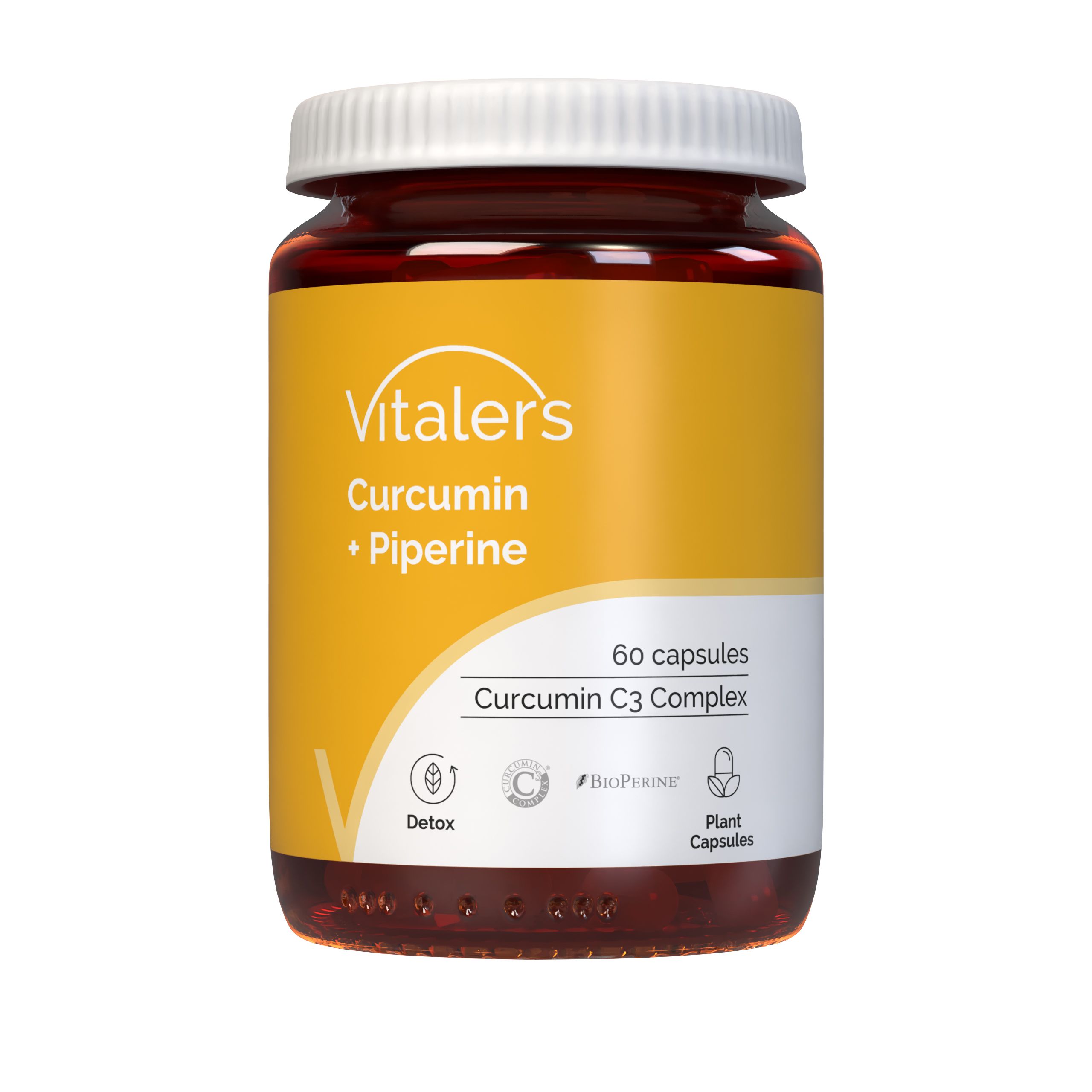 Vitaler's Curcumin + Piperine capsulefles, 60 stuks. Bevat Curcumin C3 Complex.