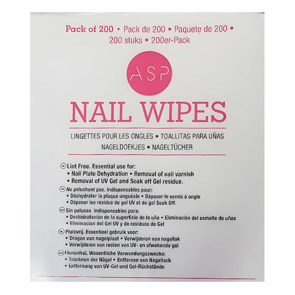 Emballage de lingettes pour ongles. Marque ASP. Texte: Nail Wipes, 200 pièces.