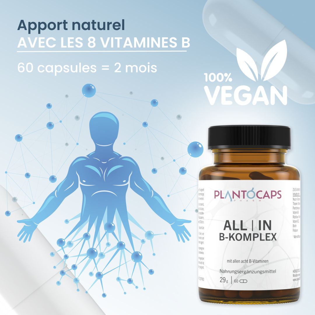 Flacon PLANTOCAPS ALL | IN B-KOMPLEX à côté d'une silhouette humaine et de l'inscription '100% VEGAN'.