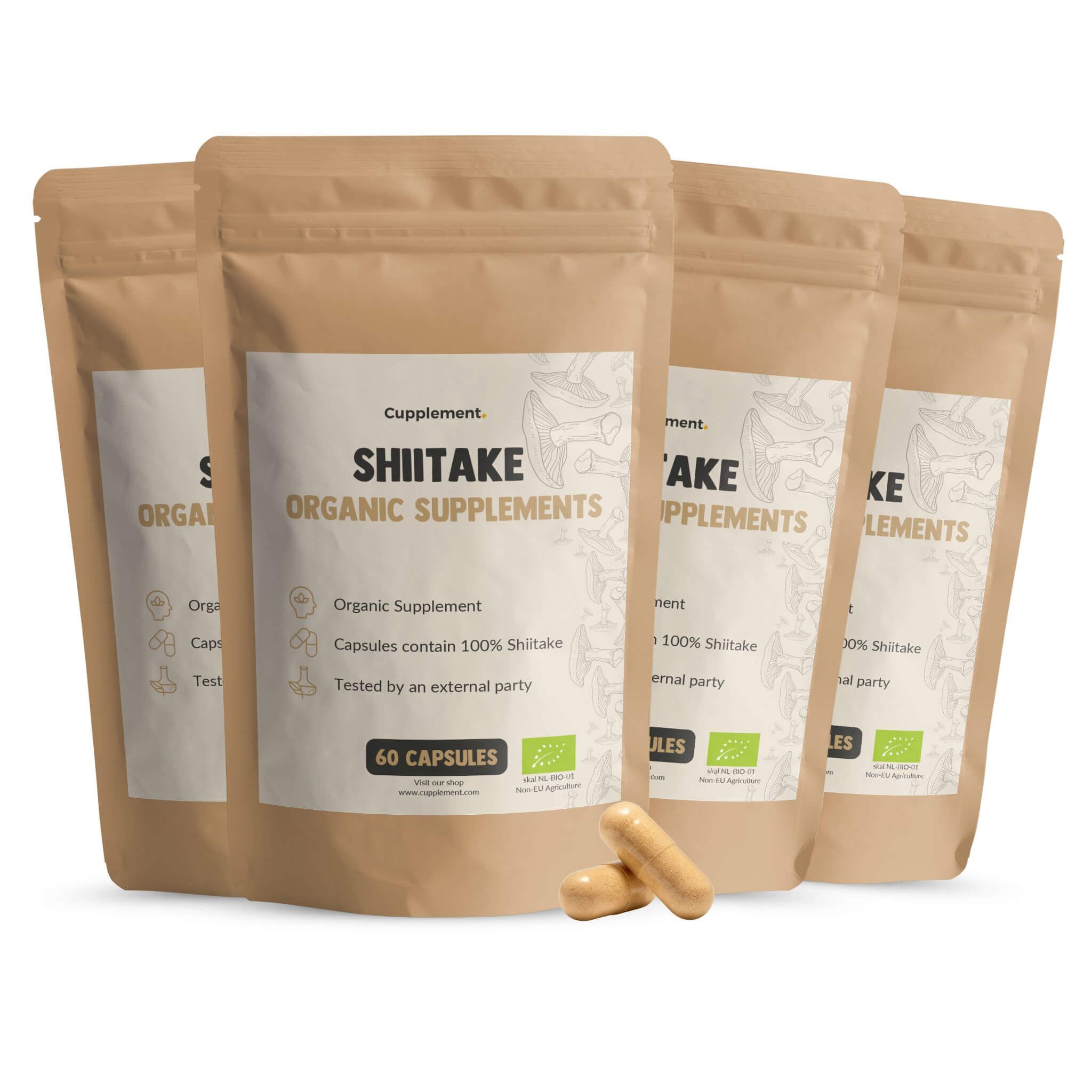 Meerdere zakjes met shiitake capsules. Opschrift: Shiitake Organic Supplements. 60 capsules. Twee capsules ernaast.