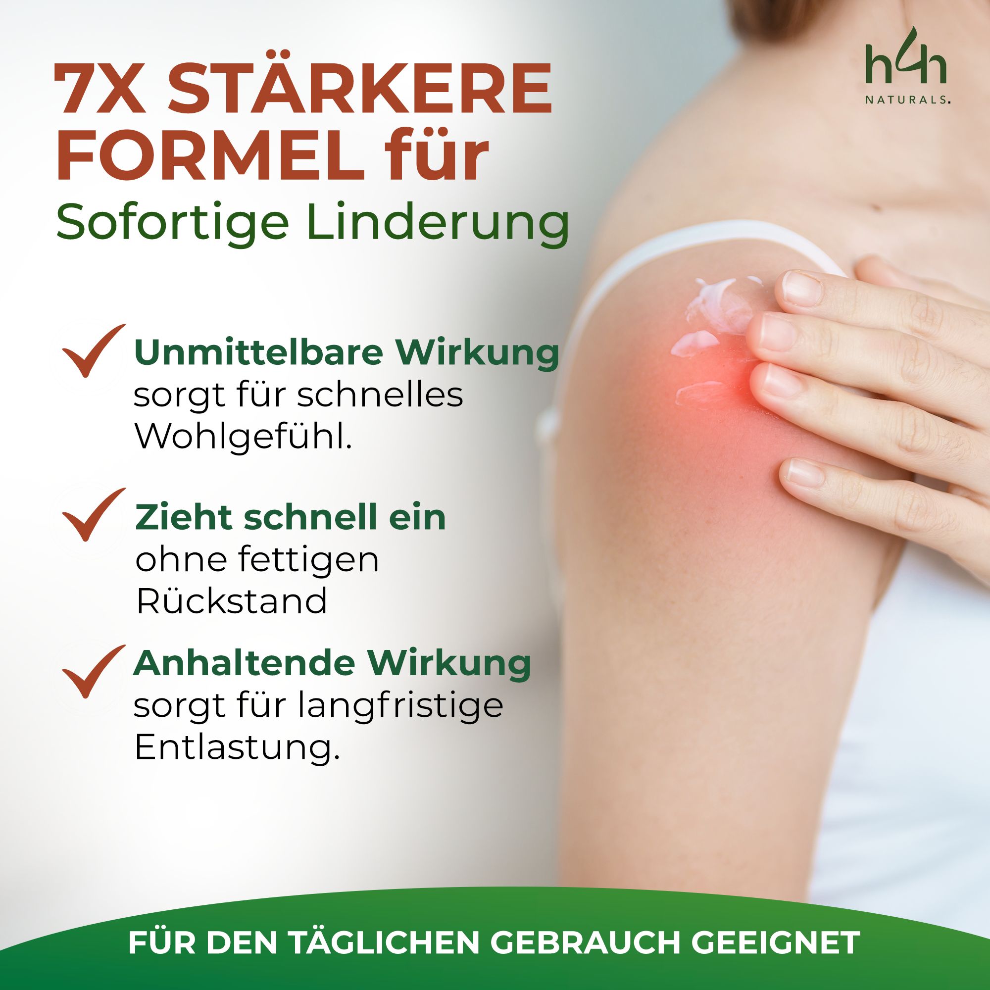 Arm met crème. Tekst: 7x sterkere formule. Directe verlichting. Onmiddellijk en blijvend effect. Voor dagelijks gebruik.
