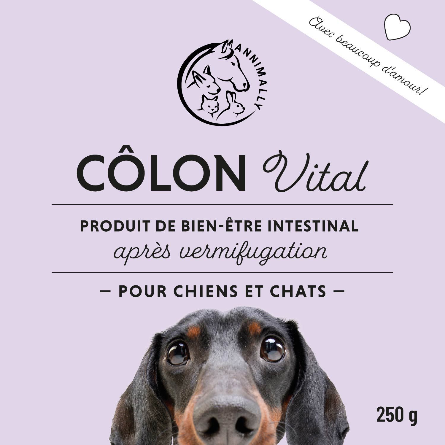 Emballage du produit. Inscription: COLON Vital. Pour chiens et chats. 250g. Logo. Texte: Produit de bien-être intestinal après vermifugation.