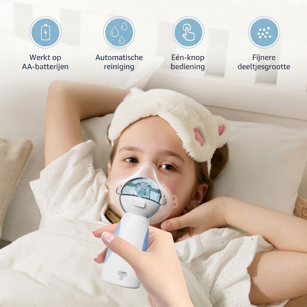Een kind met een inhalatiemasker en een draagbare vernevelaar. De vernevelaar is wit en blauw.