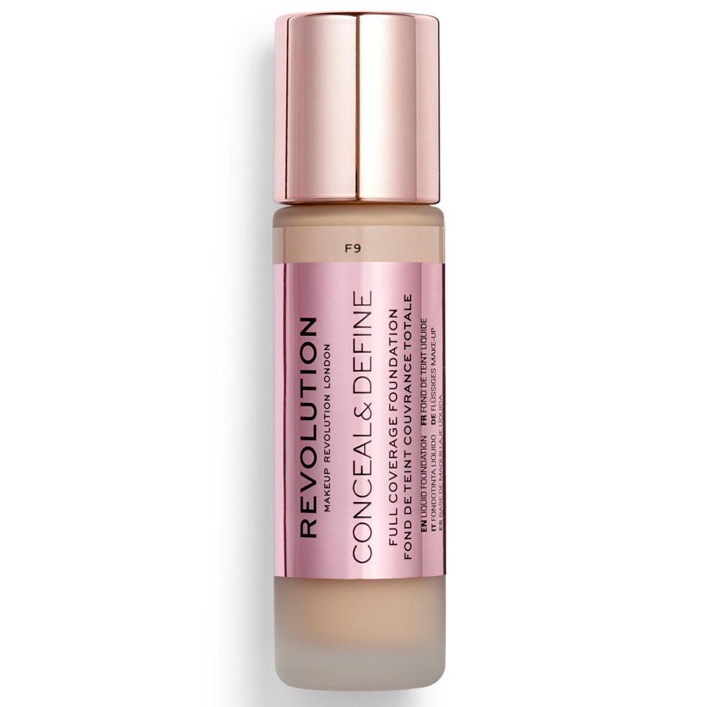 Foundationfles met roze dop en etiket. Productnaam en merk duidelijk zichtbaar. Tint F9.