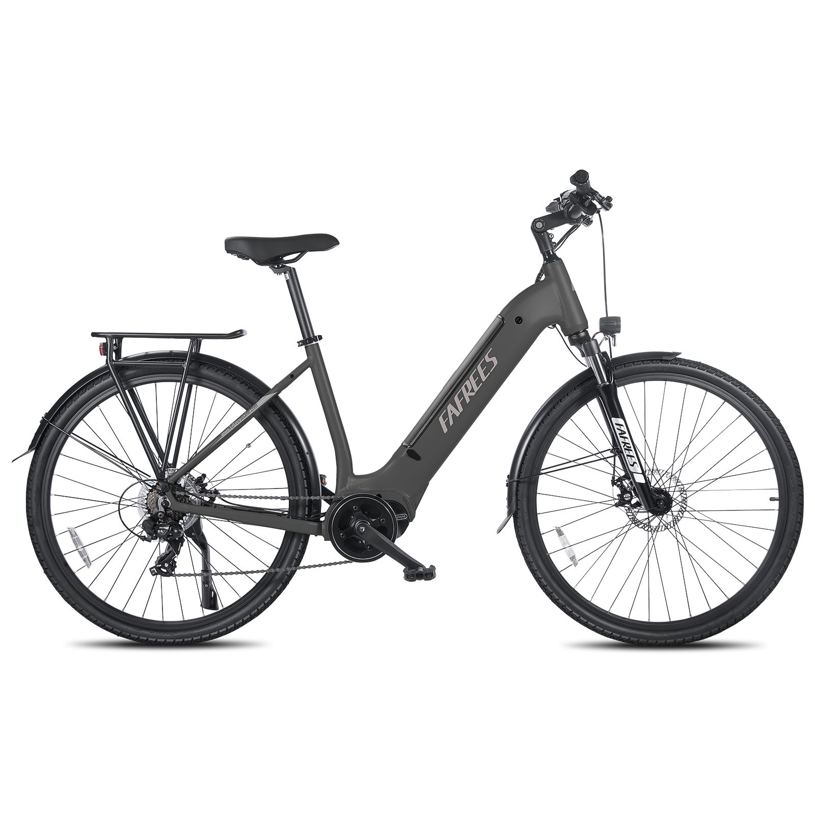 Vélo électrique de trekking gris Fafrees avec moteur central. Porte-bagages, garde-boue et freins à disque.