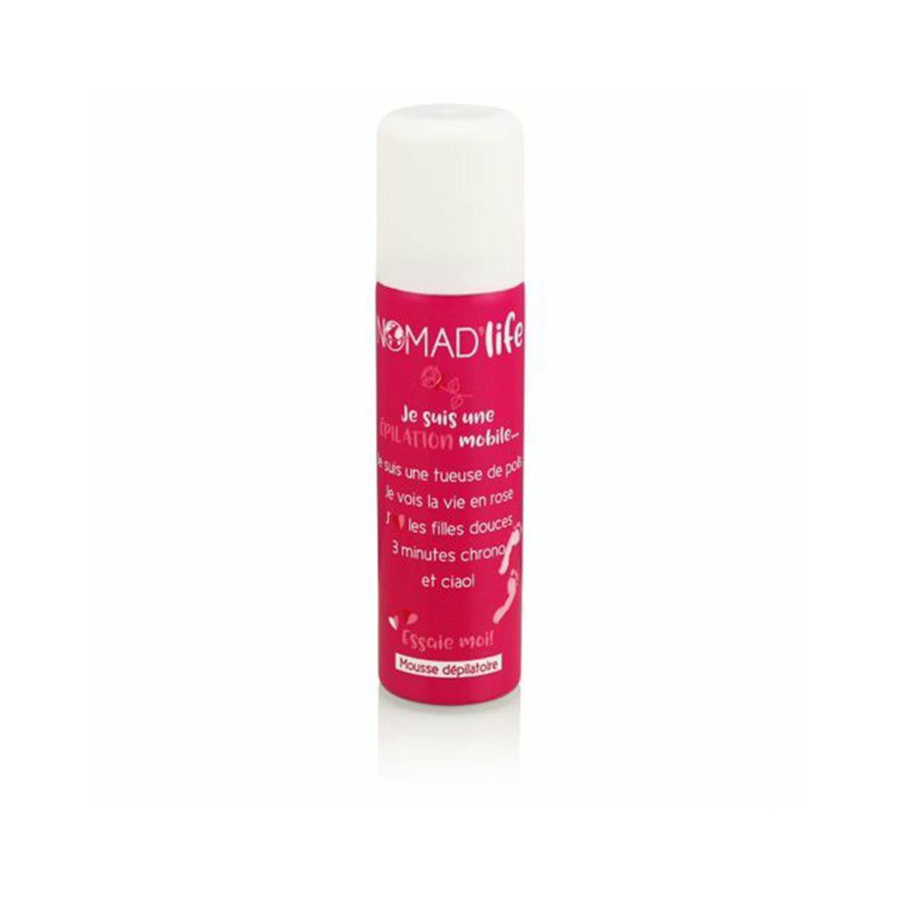 Cilindrische fles, roze en wit. Opschrift Nomad'Life en Franse tekst. Product: Mousse dépilatoire.