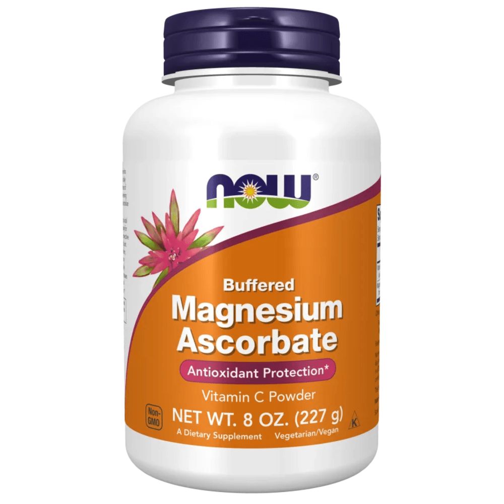 Flacon blanc, bouchon violet. Étiquette orange avec logo "NOW" et "Magnesium Ascorbate".