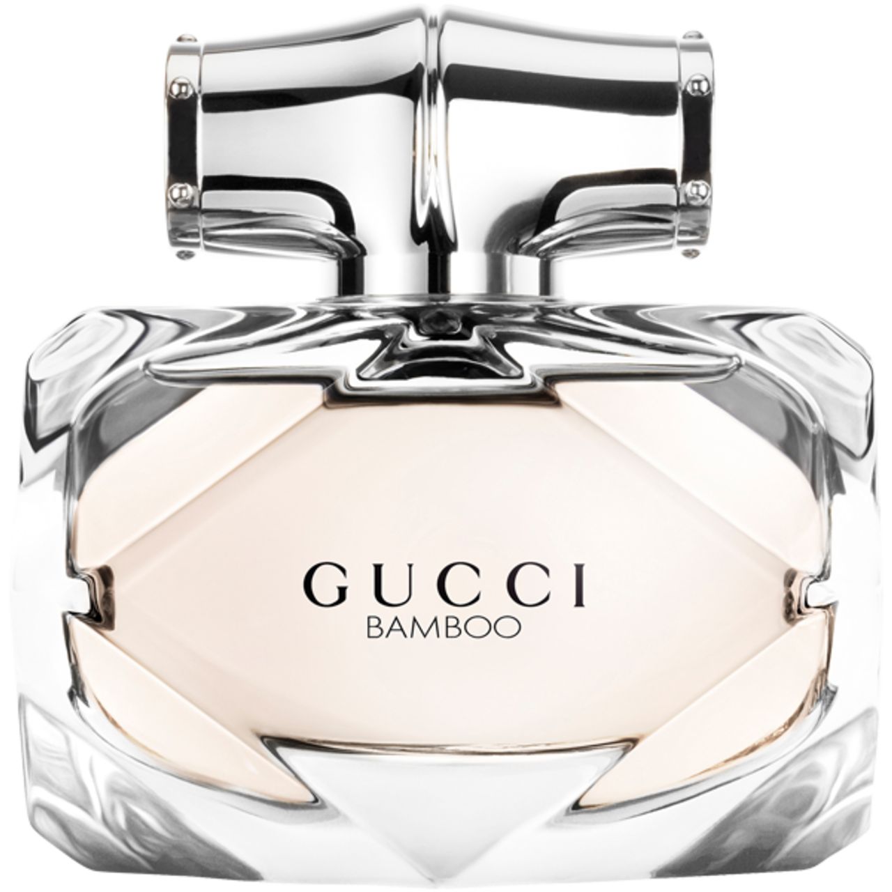 Gucci Bamboo Eau de Toilette Spray. Flacon en verre avec bouchon argenté. Flacon de forme carrée avec liquide brun clair. Logo sur le devant.