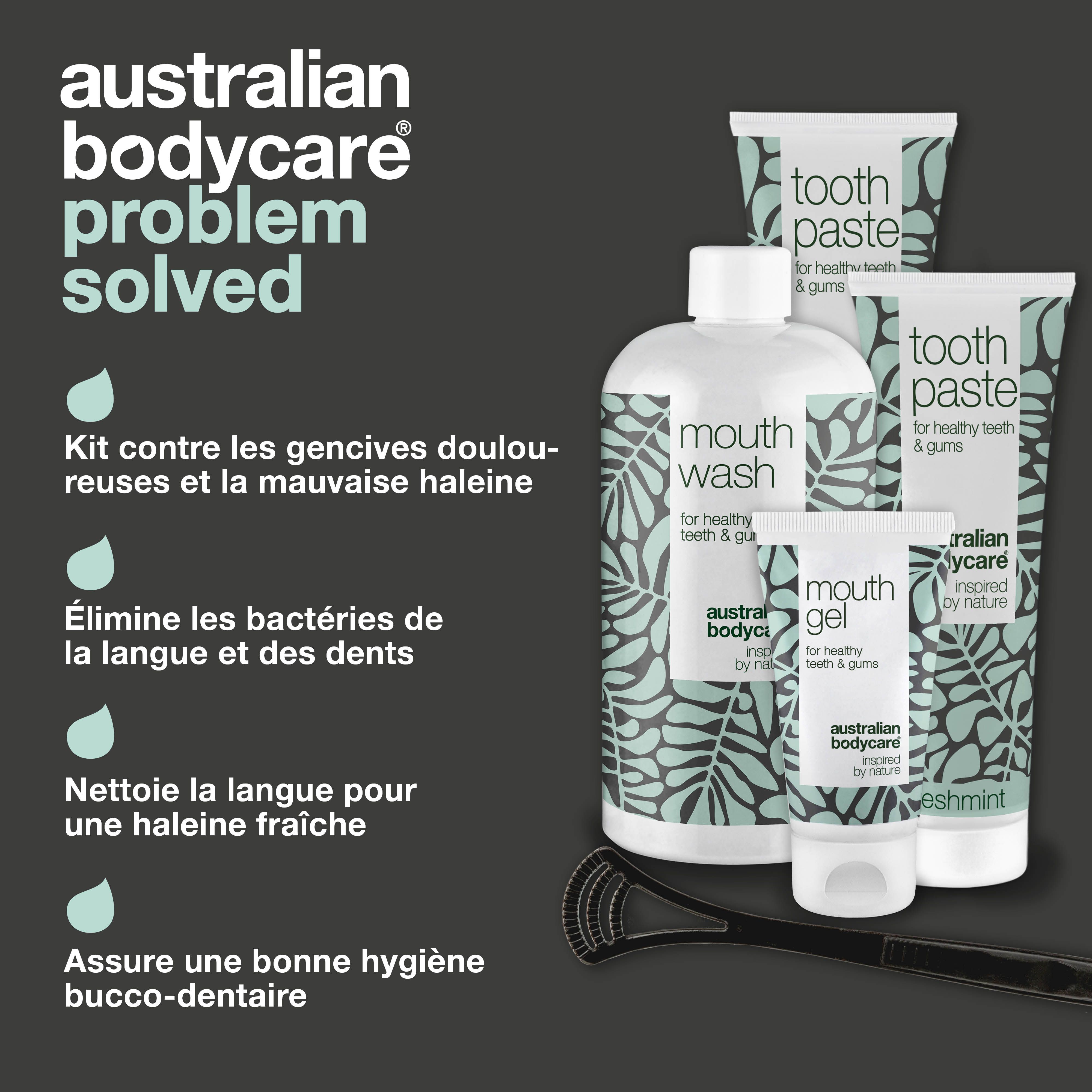 Image montrant un problème et une solution. Problème : mauvaise haleine. Solution : kit de soins bucco-dentaires Australian Bodycare.