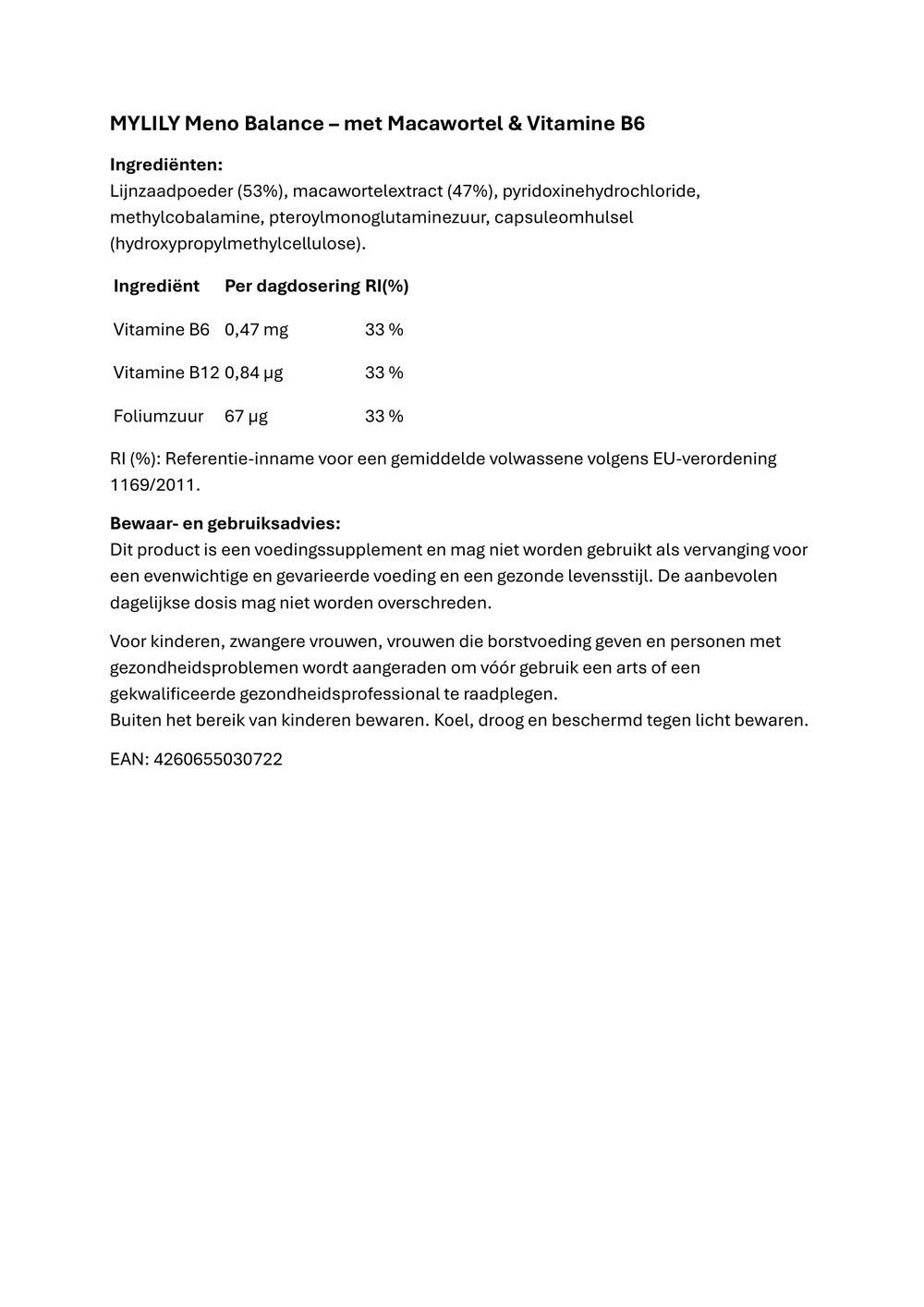 Tekst met ingrediënten en voedingswaarde-informatie van MYLILY Meno Balance met Maca & Vitamine B6.