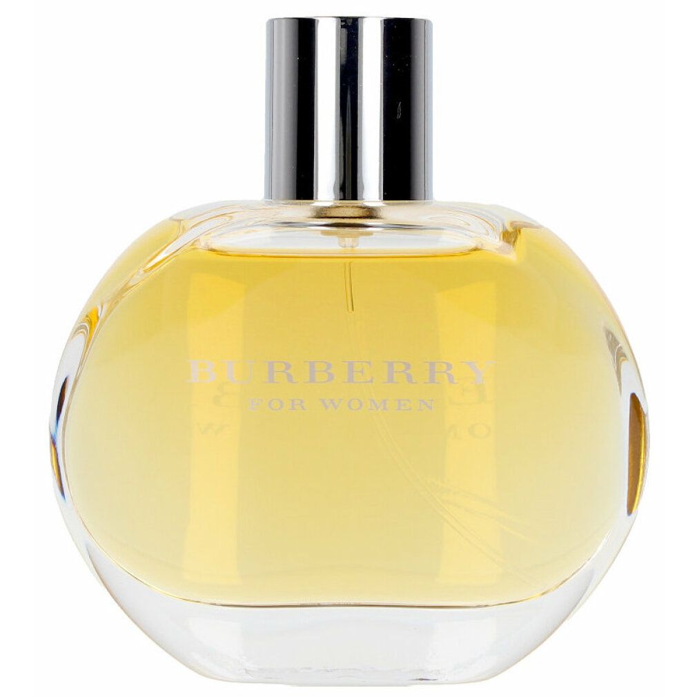 Ronde parfumfles van glas met zilveren dop. Opschrift Burberry For Women.