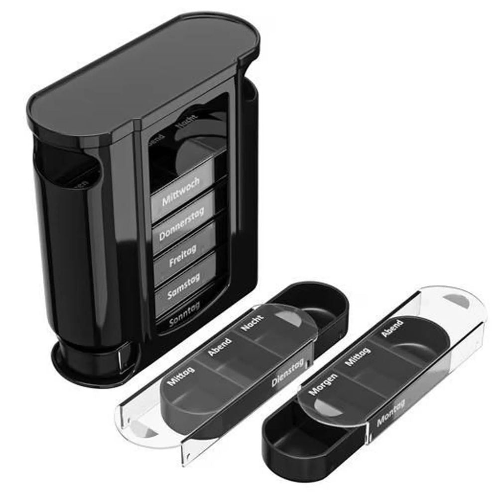 Zwarte pillendoos met 7 dagvakken. Twee dagvakken zijn verwijderd. Elk vak heeft 4 onderverdelingen voor innametijden.