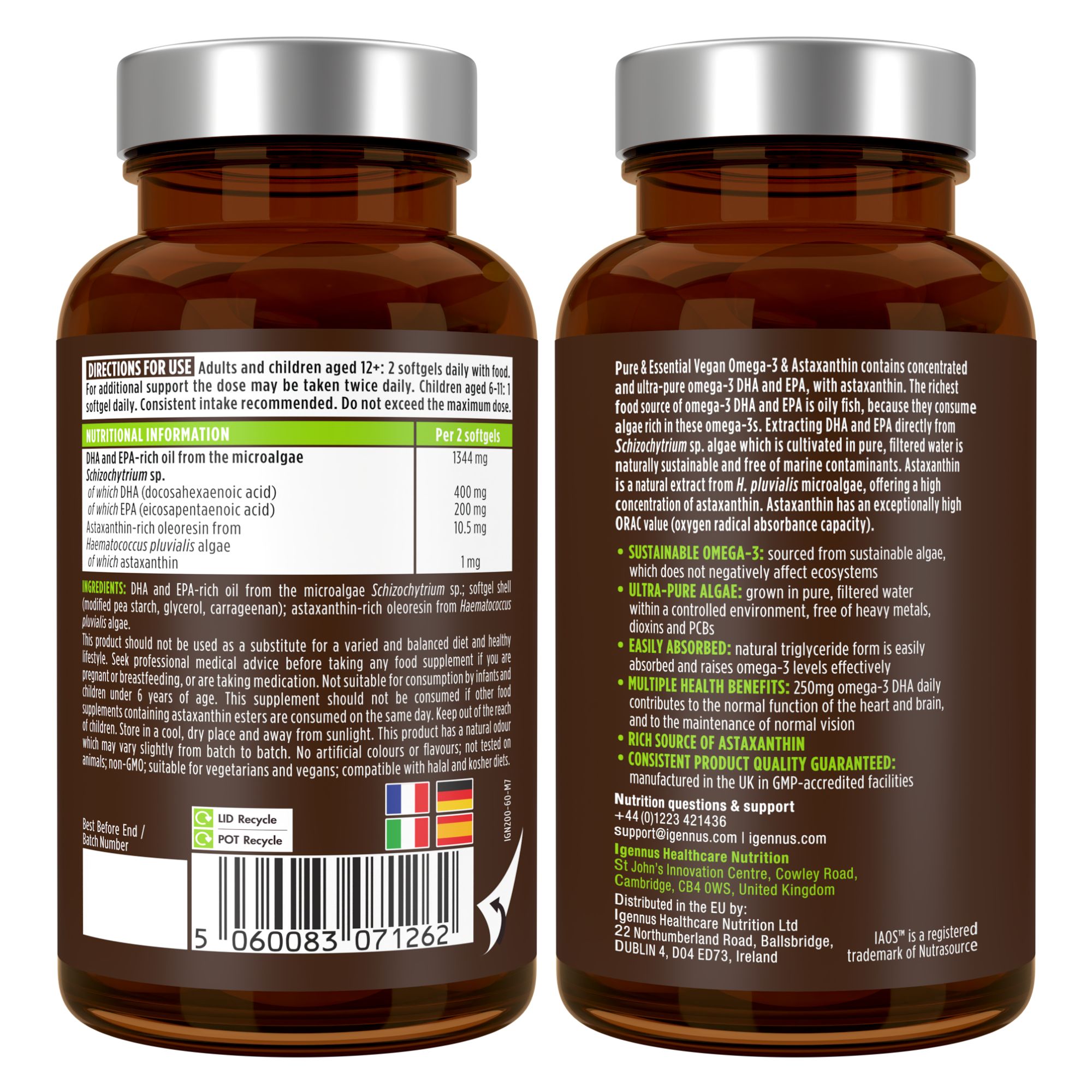 Bouteille de capsules Oméga-3. Contient DHA, EPA et Astaxanthine. Fabriqué au Royaume-Uni.