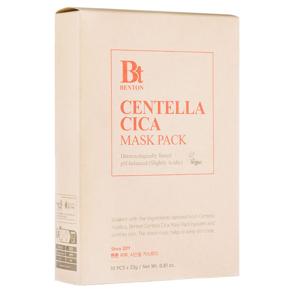Boîte Benton Centella Cica Mask Pack avec texte et logo.