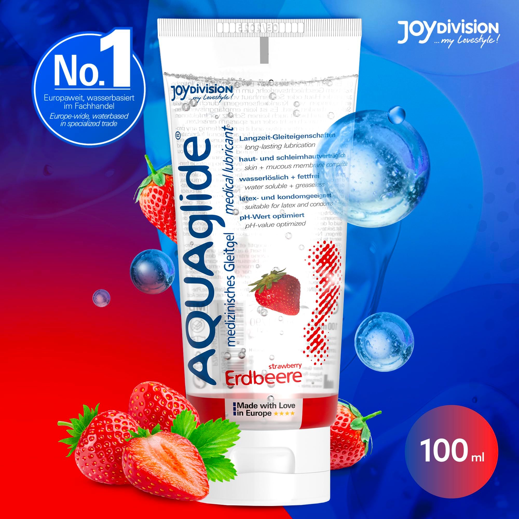 Tube de gel lubrifiant AquaGlade Fraise, 100ml, avec fraises et bulles d'eau.