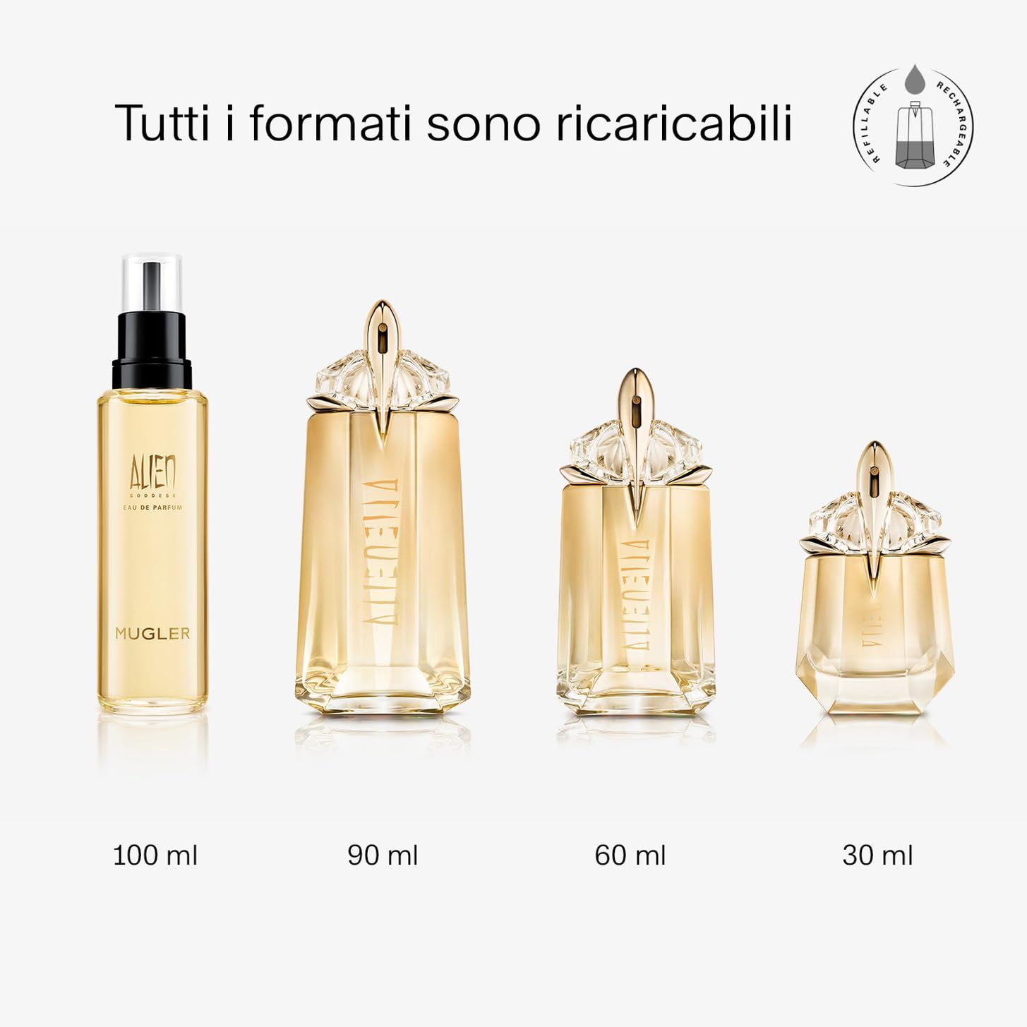 Quatre flacons de différentes tailles : 100ml, 90ml, 60ml, 30ml. Tous rechargeables. Texte : Alien.