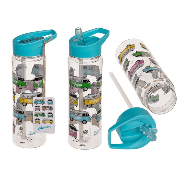 Drinkfles met blauwe dop en rietje. Transparant met VW T1 Bus-motief. Inclusief stickers. VW-logo zichtbaar.